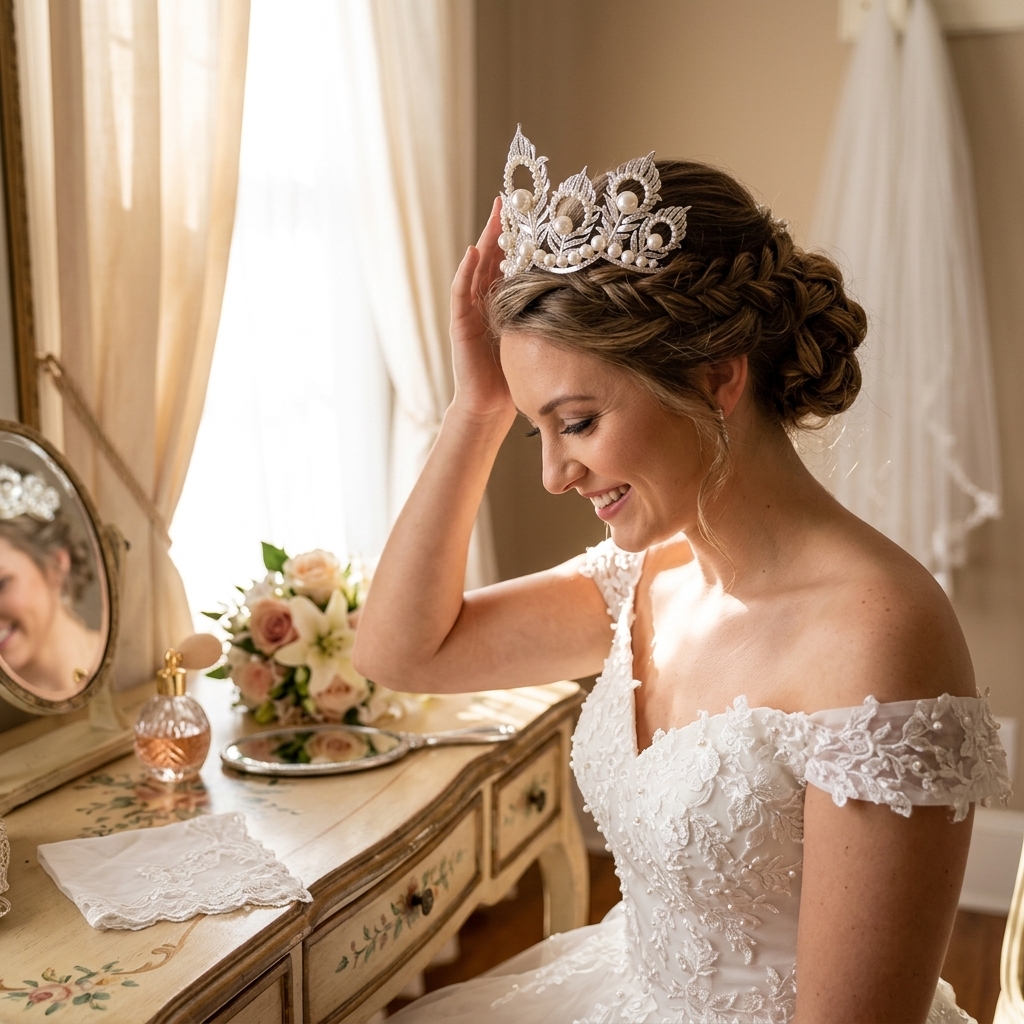 Women'S Wedding Accessories - Pearl Crown Headpiece With Peacock-Feather For
